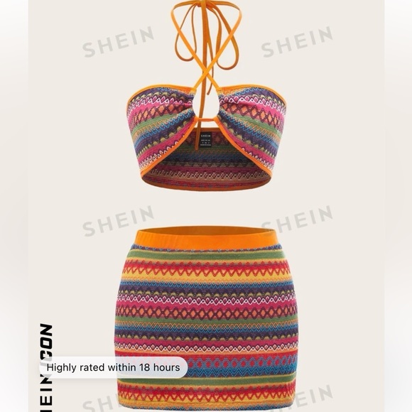 SHEIN ICON Geo Print Contrast Binding Tie Backless Crop Halter Top & Skirt Set - Picture 1 of 2